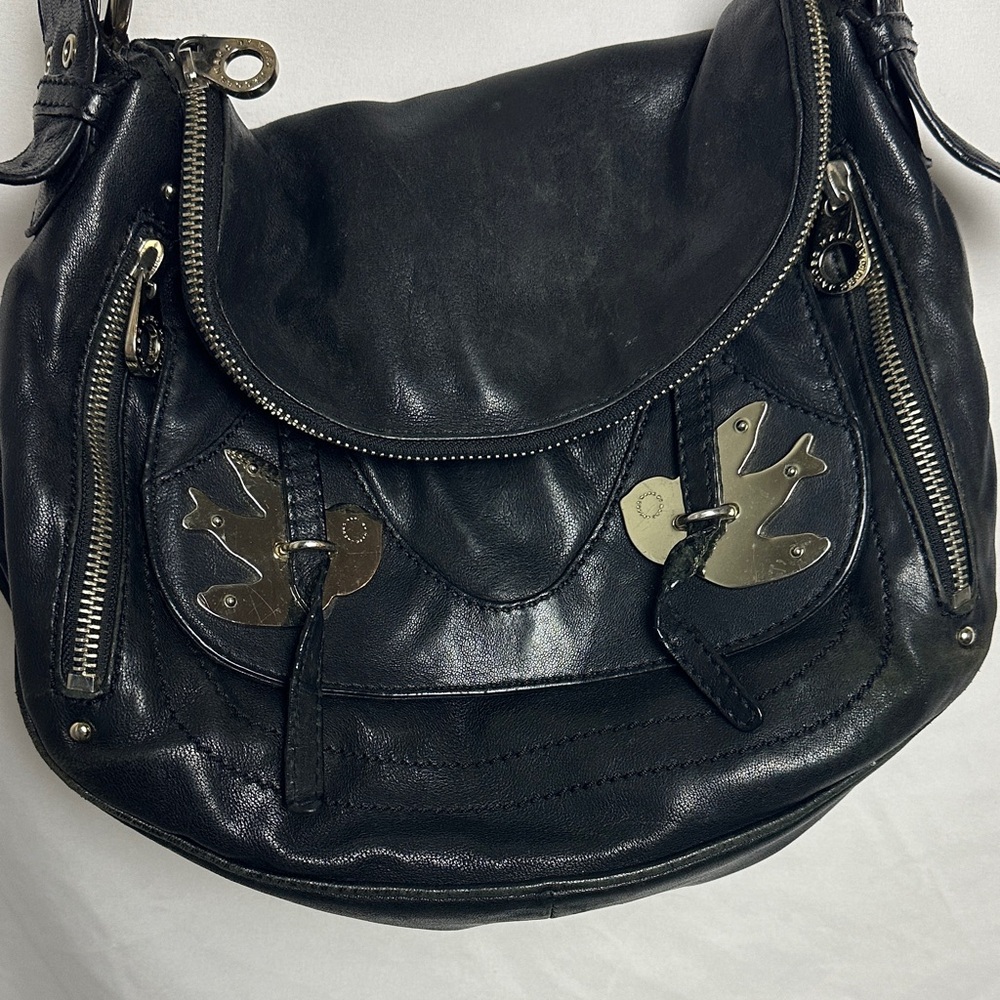 Marc Jacobs Black Leather Shoulder Bag Silver Birds